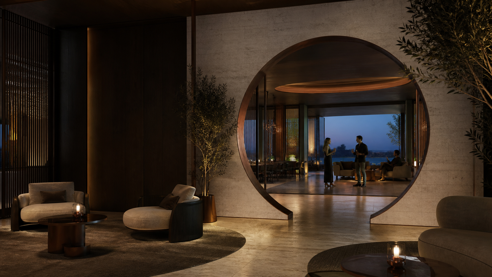 Layered resort interior with a circular architectural opening