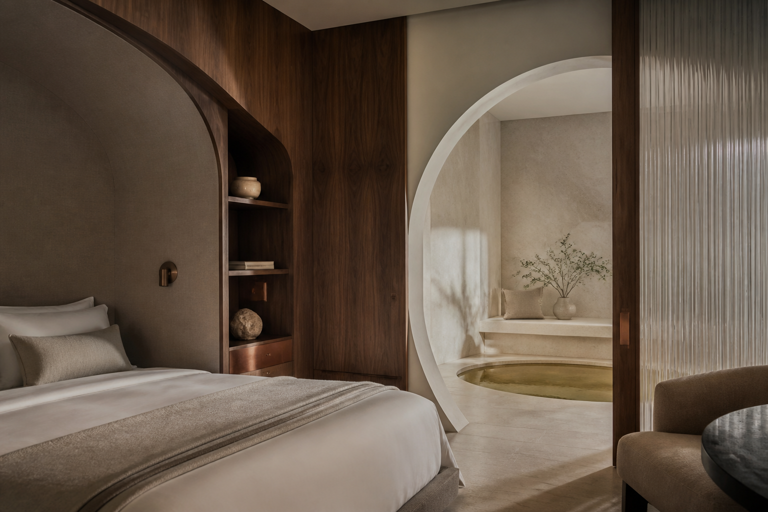 Quiet Deepwood suite with layered stone retreat